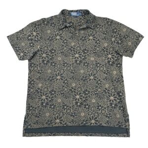 Ralph Lauren Polo Shirt Vintage Floral Linen Men's L 46" Black Tan Short Sleeve